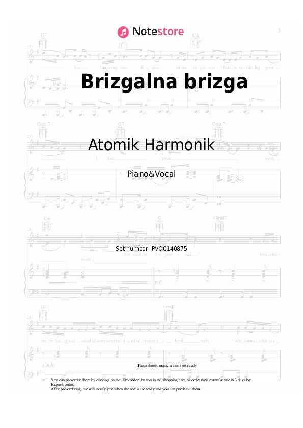 Brizgalna brizga - Atomik Harmonik Piano Sheet Music with the Voice part - Piano&Vocal