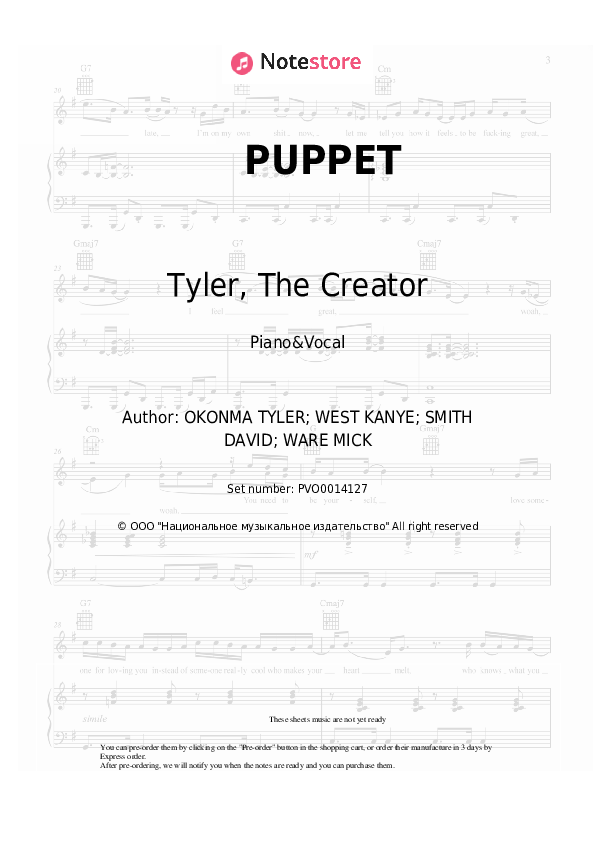 PUPPET - Tyler, The Creator Piano Sheet Music with the Voice part - Piano&Vocal