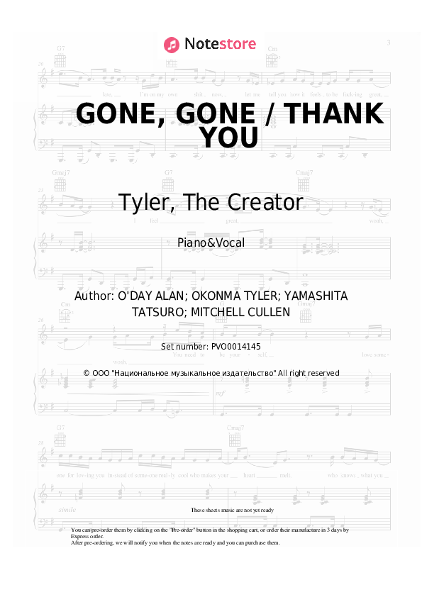 Sheet music with the voice part Tyler, The Creator - GONE, GONE / THANK YOU - Piano&Vocal