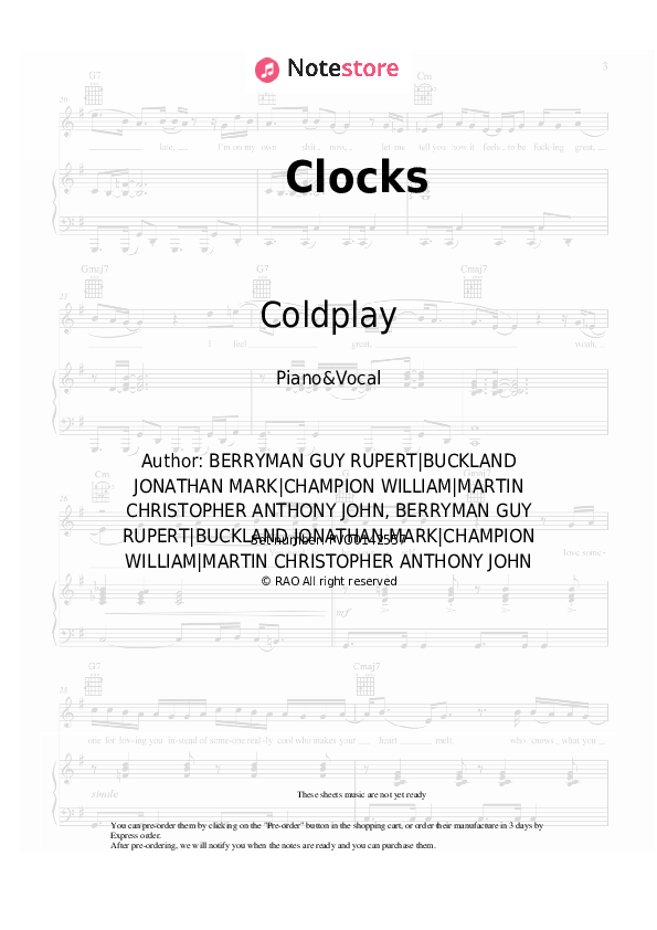 Sheet music with the voice part Coldplay - Clocks - Piano&Vocal