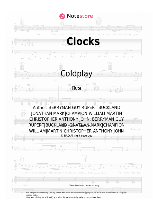 Sheet music Coldplay - Clocks - Flute