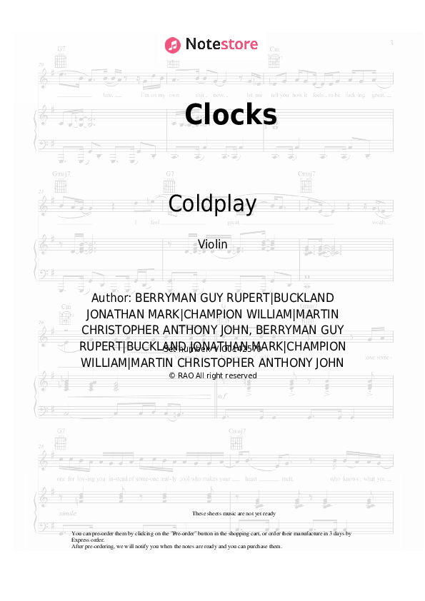 Clocks Violin Sheet Music Coldplay In Note Store Violin SKU 