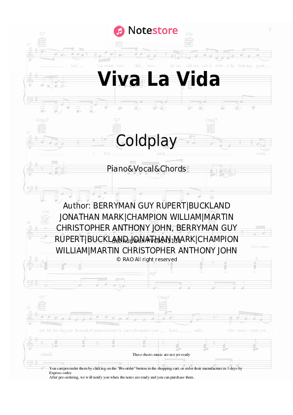 Viva La Vida - Coldplay Piano Sheet Music with the Vocal and Chords - Piano&Vocal&Chords