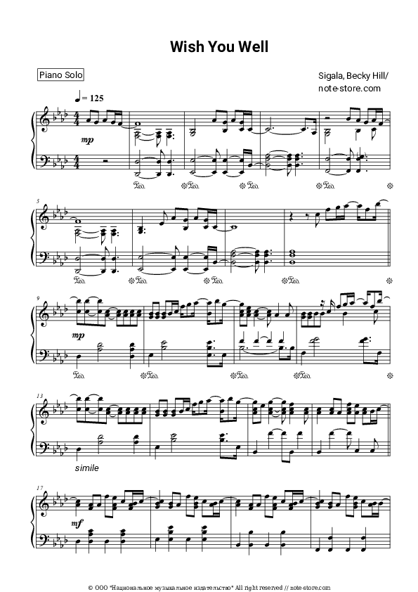 Sheet music Sigala, Becky Hill - Wish You Well - Piano.Solo