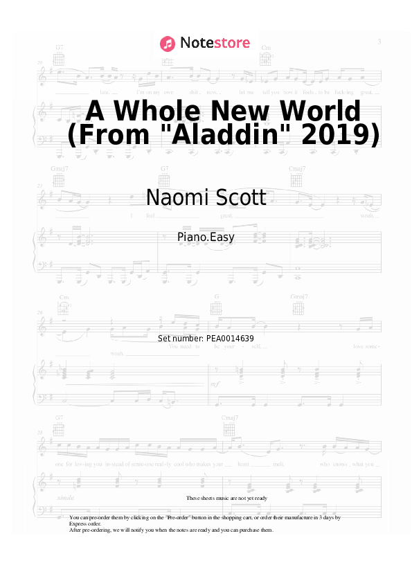 Easy sheet music Mena Massoud, Naomi Scott - A Whole New World (From Aladdin 2019) - Piano.Easy