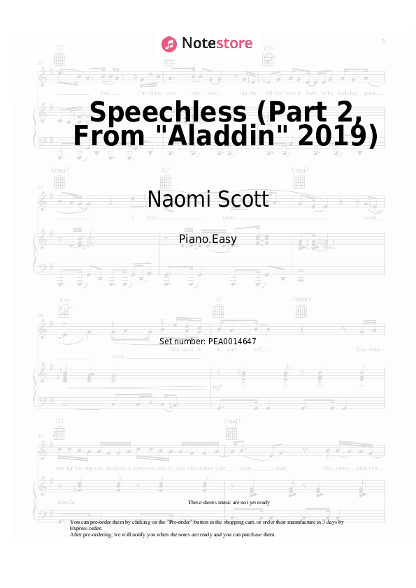 Easy sheet music Naomi Scott - Speechless (Part 2, From Aladdin 2019) - Piano.Easy