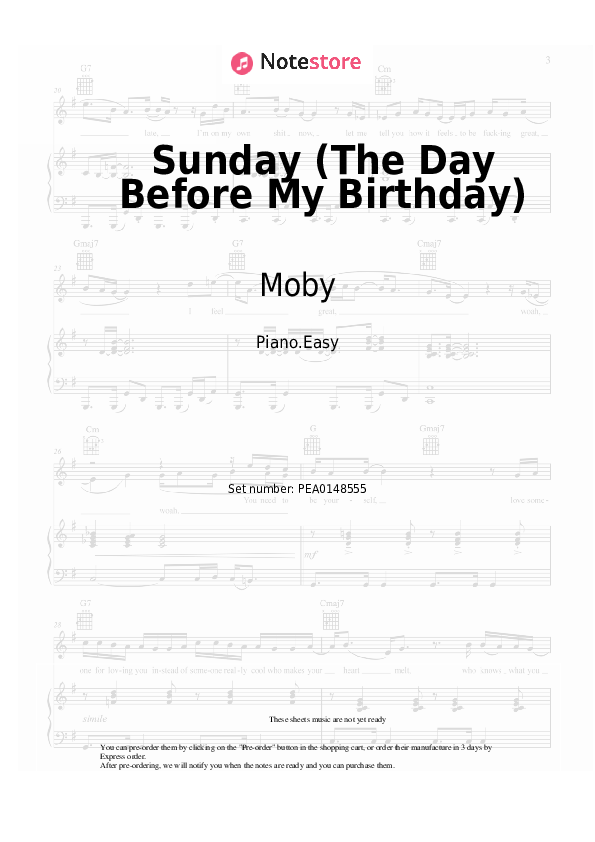 Easy sheet music Moby - Sunday (The Day Before My Birthday) - Piano.Easy