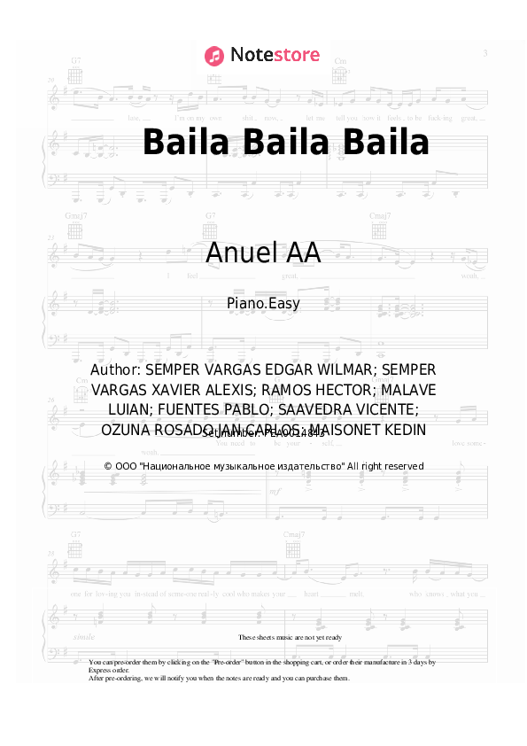 Easy sheet music Ozuna, Daddy Yankee, J Balvin, Farruko, Anuel AA - Baila Baila Baila - Piano.Easy