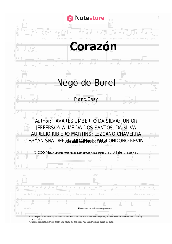 Easy sheet music Maluma, Nego do Borel - Corazón - Piano.Easy