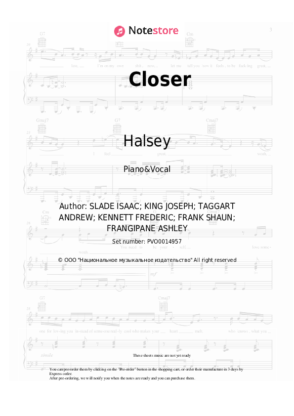 Closer - The Chainsmokers, Halsey Piano Sheet Music with the Voice part - Piano&Vocal