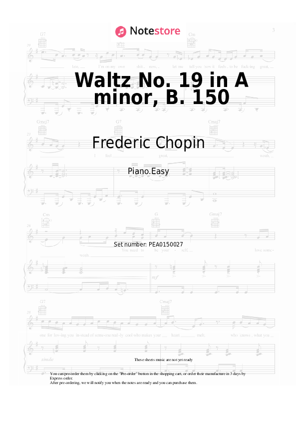 Easy sheet music Frederic Chopin - Waltz No. 19 in A minor, B. 150 - Piano.Easy