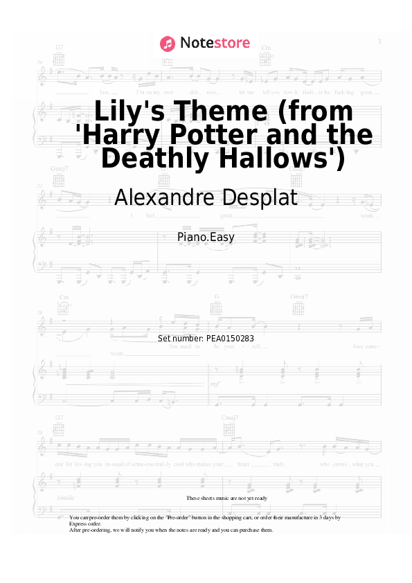 Easy sheet music Alexandre Desplat - Lily's Theme (from 'Harry Potter and the Deathly Hallows') - Piano.Easy