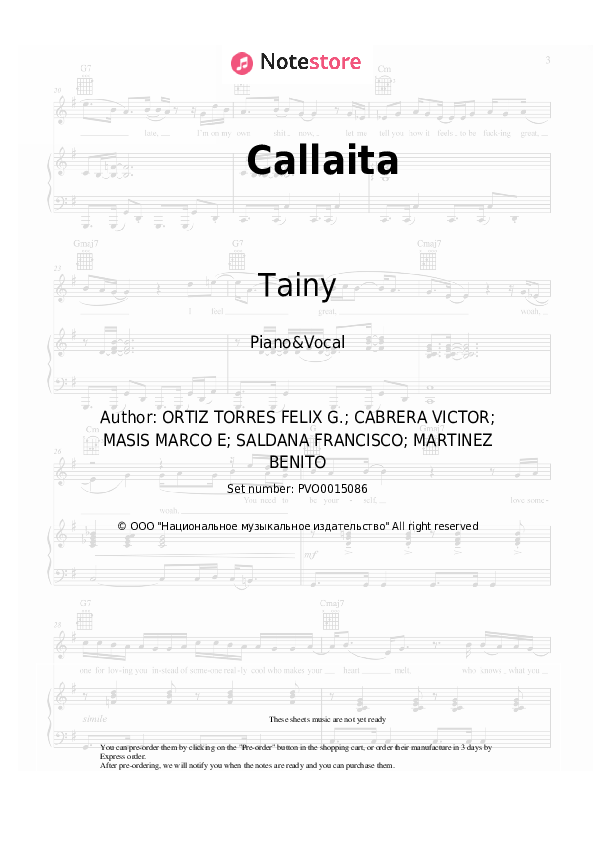 Sheet music with the voice part Bad Bunny, Tainy - Callaita - Piano&Vocal