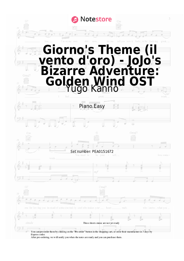 Easy sheet music Yugo Kanno - Giorno's Theme (il vento d'oro) - JoJo's Bizarre Adventure: Golden Wind OST - Piano.Easy