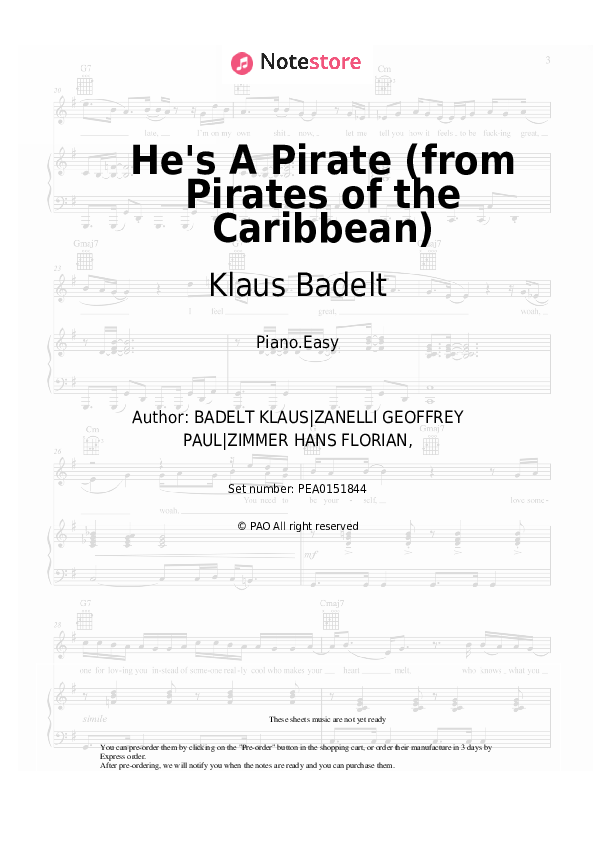 Easy sheet music Klaus Badelt - He's A Pirate (from Pirates of the Caribbean) - Piano.Easy