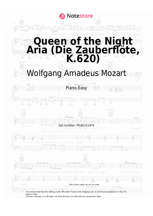 Easy sheet music Wolfgang Amadeus Mozart - Queen of the Night Aria (Die Zauberflöte, K.620) - Piano.Easy