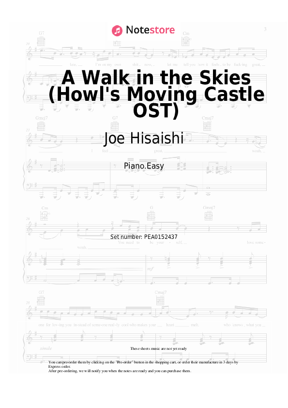 Easy sheet music Joe Hisaishi - A Walk in the Skies (Howl's Moving Castle OST) - Piano.Easy