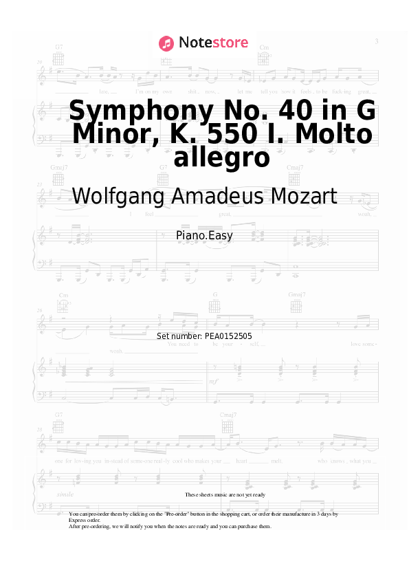 Symphony No. 40 in G Minor, K. 550 I. Molto allegro - Wolfgang Amadeus Mozart Piano Sheet Music Easy - Piano.Easy