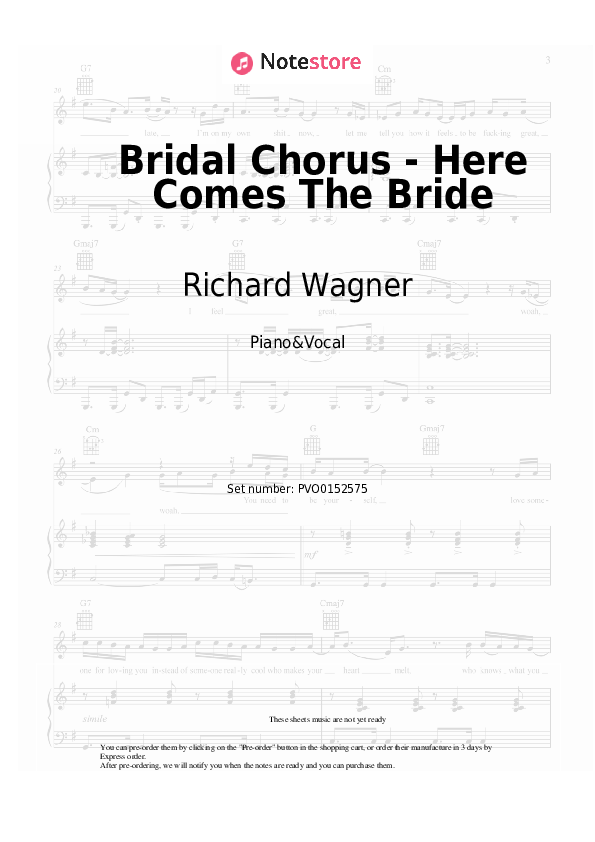 Sheet music with the voice part Richard Wagner - Bridal Chorus - Here Comes The Bride - Piano&Vocal