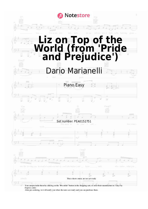 Easy sheet music Dario Marianelli - Liz on Top of the World (from 'Pride and Prejudice') - Piano.Easy