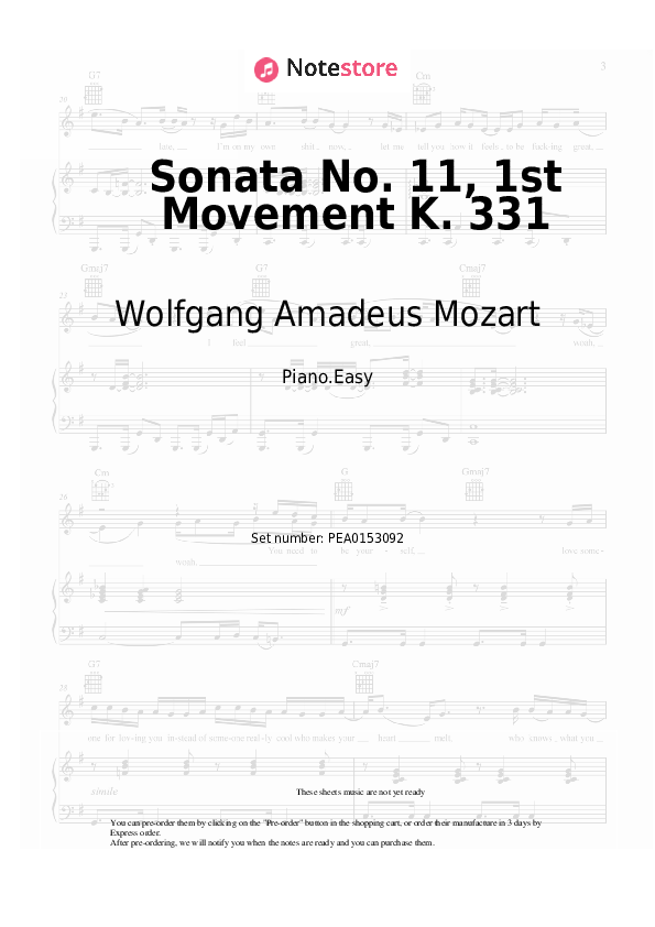 Easy sheet music Wolfgang Amadeus Mozart - Sonata No. 11, 1st Movement K. 331 - Piano.Easy