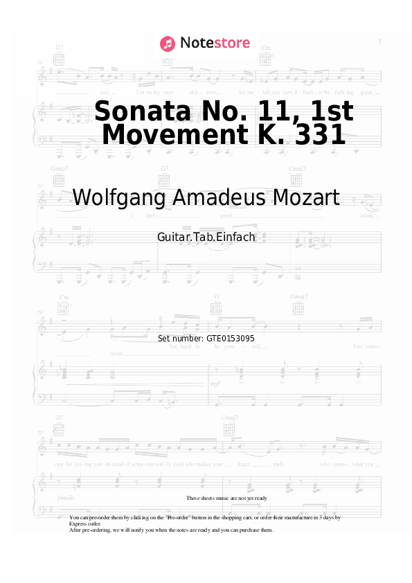 Easy Tabs Wolfgang Amadeus Mozart - Sonata No. 11, 1st Movement K. 331 - Guitar.Tab.Einfach