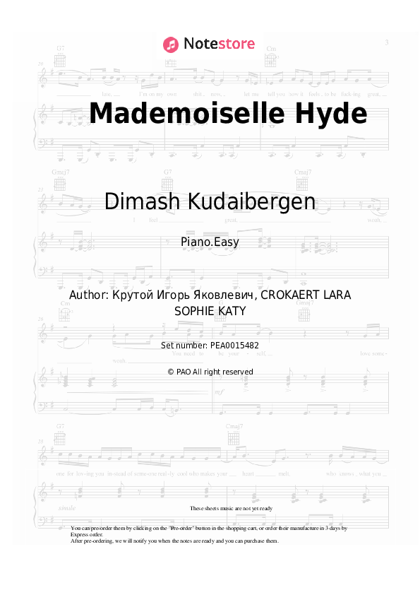 Easy sheet music Dimash Kudaibergen - Mademoiselle Hyde - Piano.Easy