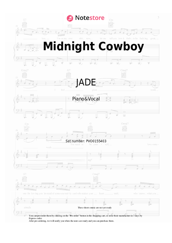 Midnight Cowboy - JADE Piano Sheet Music with the Voice part - Piano&Vocal