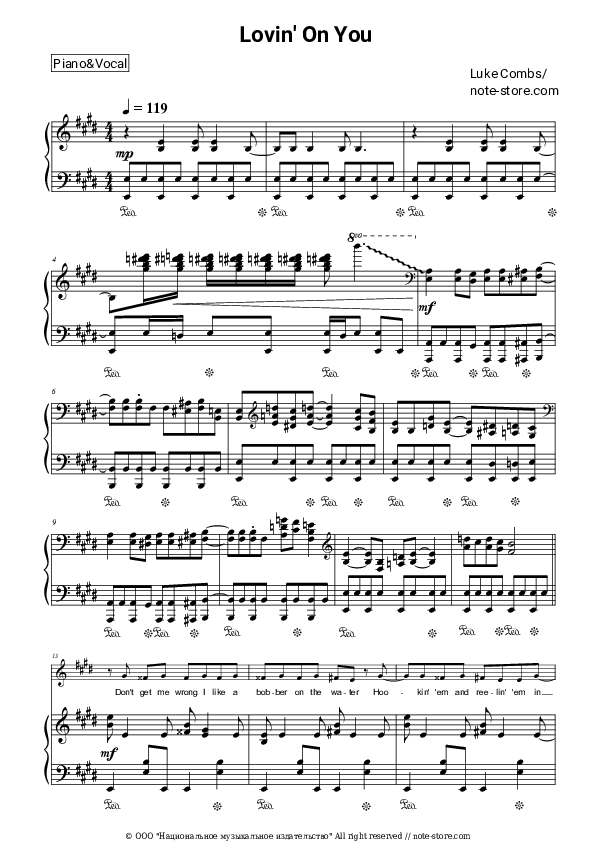 Sheet music with the voice part Luke Combs - Lovin' On You - Piano&Vocal
