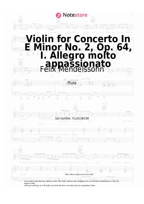 Violin for Concerto In E Minor No. 2, Op. 64, I. Allegro molto appassionato - Felix Mendelssohn Flute Sheet Music - Flute