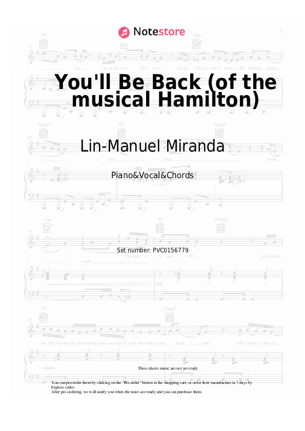 You'll Be Back (of the musical Hamilton) - Lin-Manuel Miranda Piano Sheet Music with the Vocal and Chords - Piano&Vocal&Chords