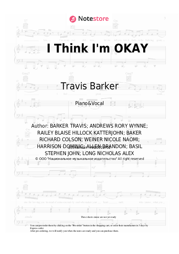 I Think I'm OKAY - Machine Gun Kelly, Yungblud, Travis Barker Piano Sheet Music with the Voice part - Piano&Vocal