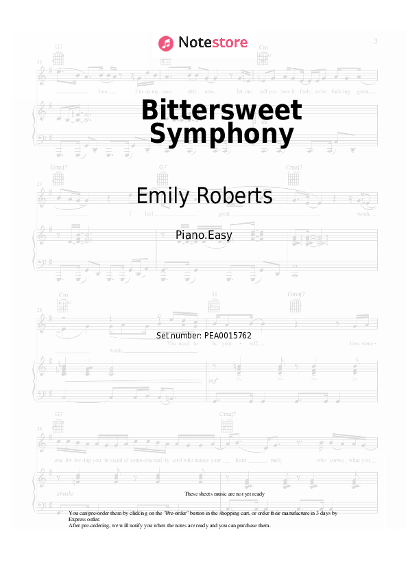 Easy sheet music Gamper & Dadoni, Emily Roberts - Bittersweet Symphony - Piano.Easy
