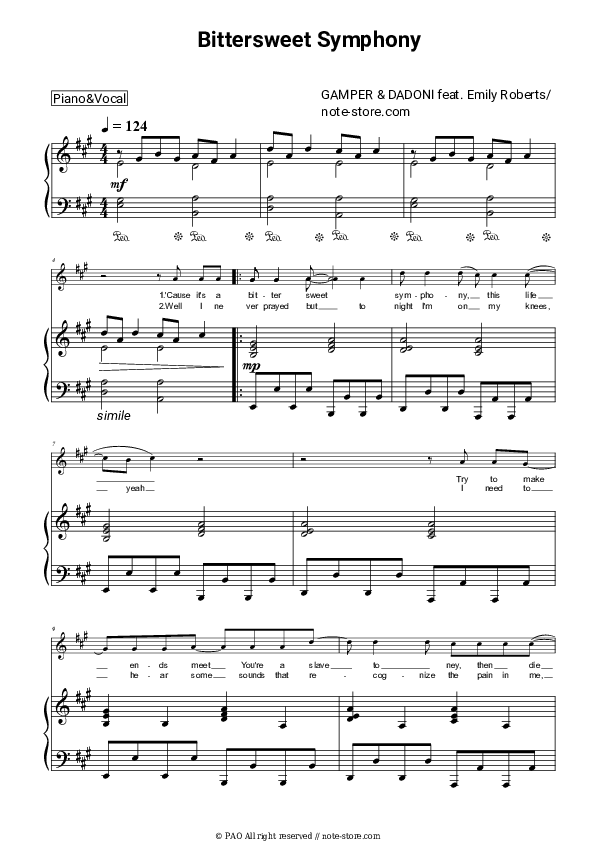 Sheet music with the voice part Gamper & Dadoni, Emily Roberts - Bittersweet Symphony - Piano&Vocal