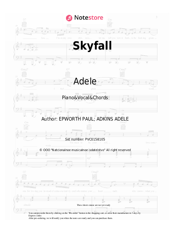 Skyfall - Adele Piano Sheet Music with the Vocal and Chords - Piano&Vocal&Chords