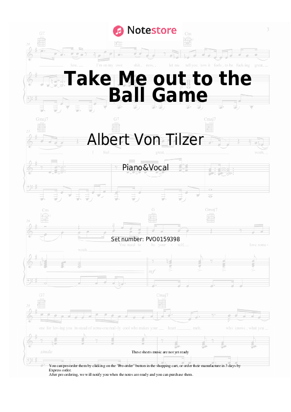 Take Me out to the Ball Game - Albert Von Tilzer Piano Sheet Music with the Voice part - Piano&Vocal