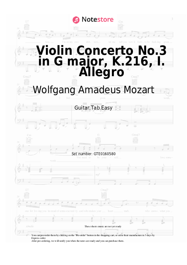 Violin Concerto No.3 in G major, K.216, I. Allegro - Wolfgang Amadeus Mozart Tabs Easy - Guitar.Tab.Easy