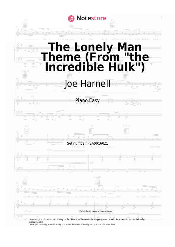 The Lonely Man Theme (From the Incredible Hulk) - Joe Harnell Piano Sheet Music Easy - Piano.Easy