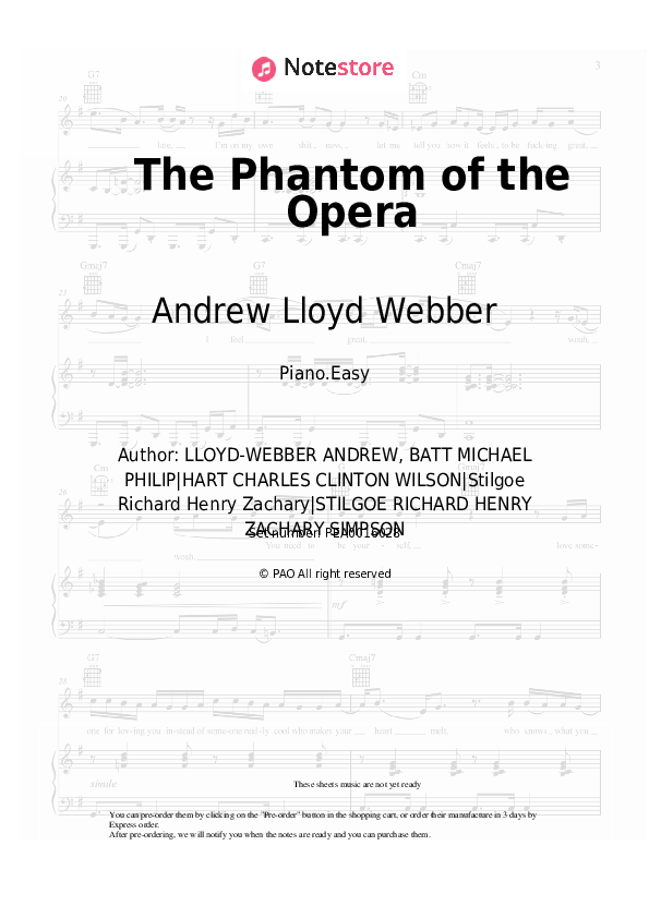 Easy sheet music Andrew Lloyd Webber - The Phantom of the Opera - Piano.Easy