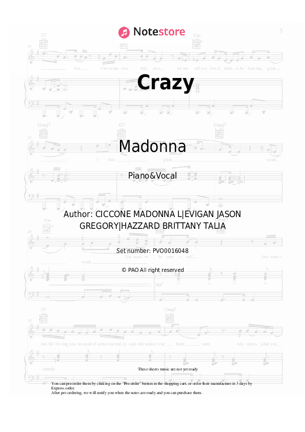 Sheet music with the voice part Madonna - Crazy - Piano&Vocal