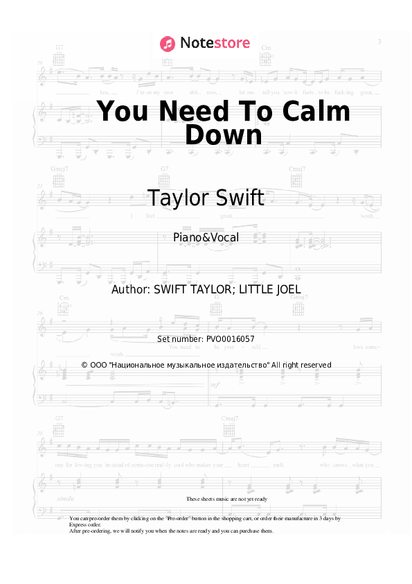 You Need To Calm Down - Taylor Swift Piano Sheet Music with the Voice part - Piano&Vocal