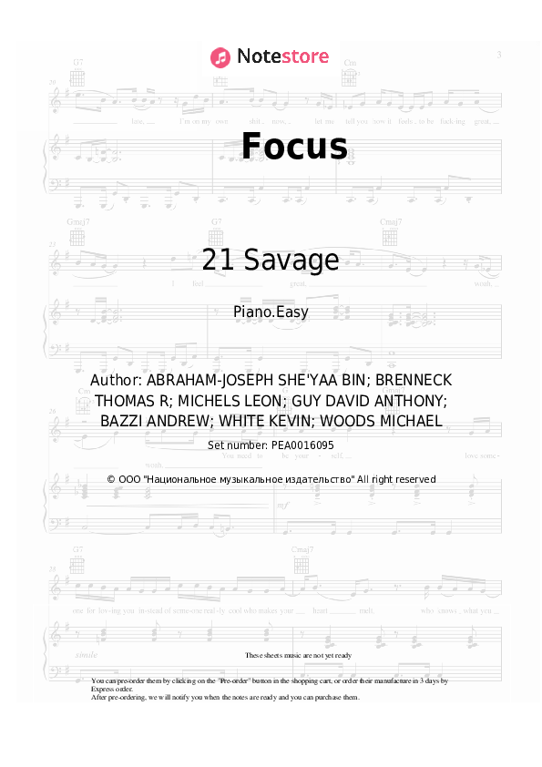 Easy sheet music Bazzi, 21 Savage - Focus - Piano.Easy