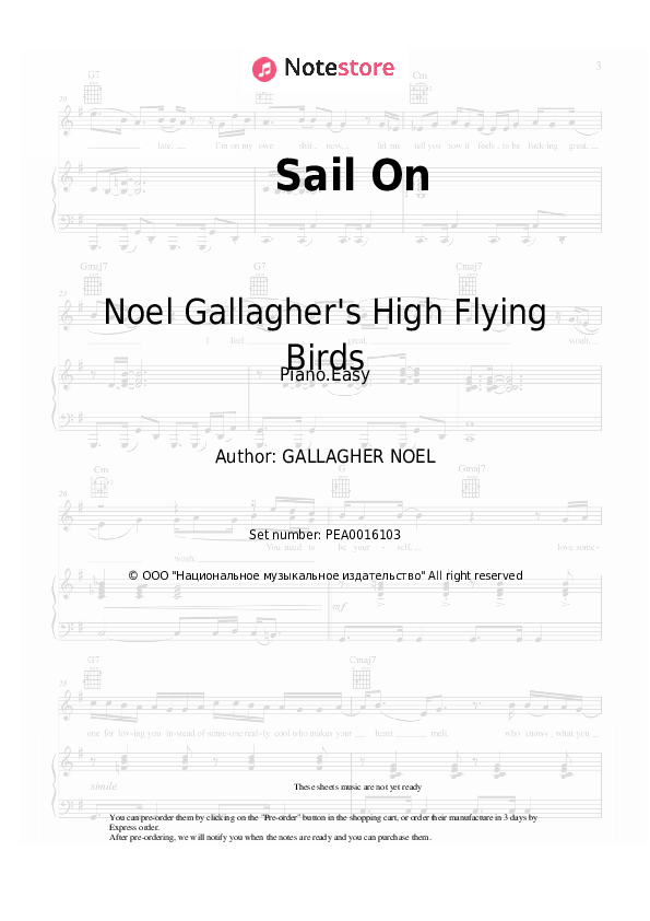 Easy sheet music Noel Gallagher's High Flying Birds - Sail On - Piano.Easy