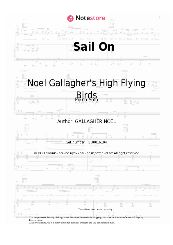 Sheet music Noel Gallagher's High Flying Birds - Sail On - Piano.Solo