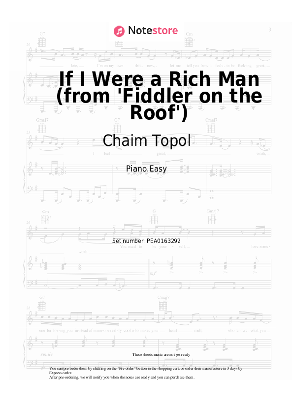 If I Were a Rich Man (from 'Fiddler on the Roof') - Chaim Topol, Jerry Bock, Sheldon Harnick Piano Sheet Music Easy - Piano.Easy