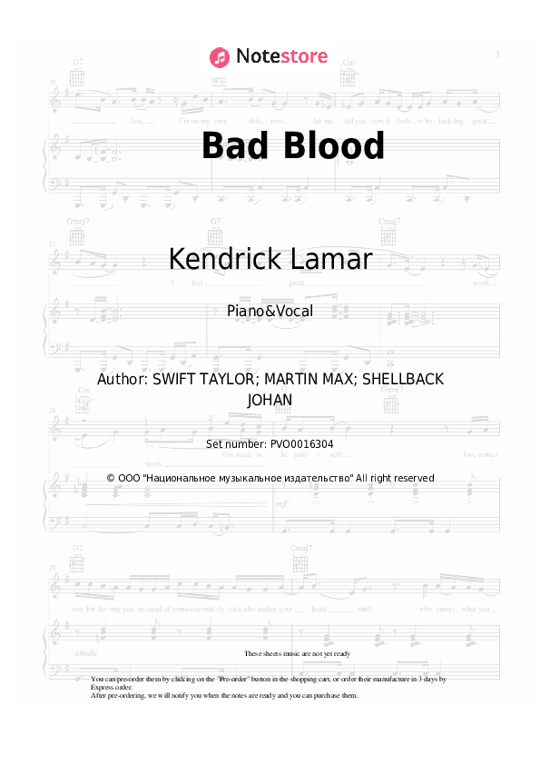 Sheet music with the voice part Taylor Swift, Kendrick Lamar - Bad Blood - Piano&Vocal