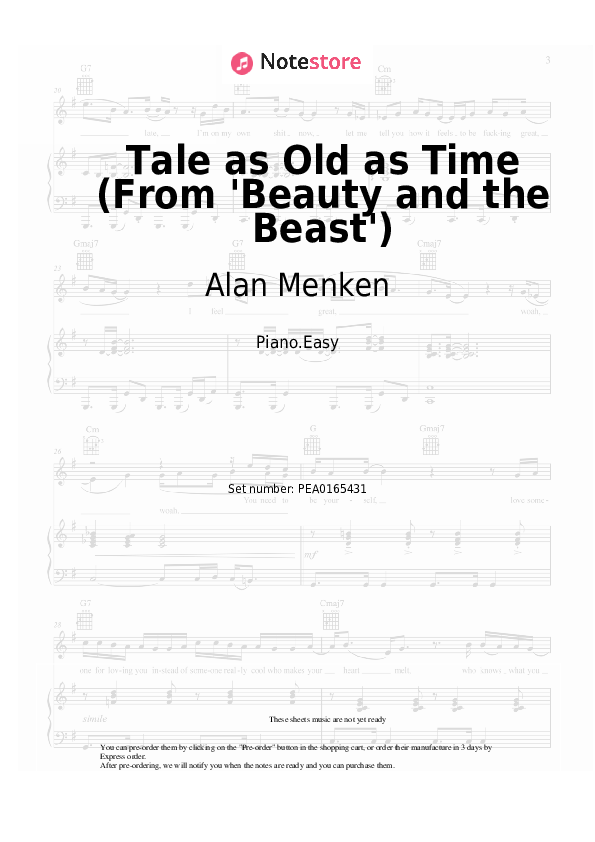 Tale as Old as Time (From 'Beauty and the Beast') - Alan Menken, Angela Lansbury Piano Sheet Music Easy - Piano.Easy