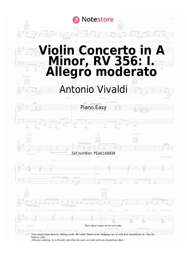 Violin Concerto in A Minor, RV 356: I. Allegro moderato - Antonio Vivaldi Piano Sheet Music Easy - Piano.Easy