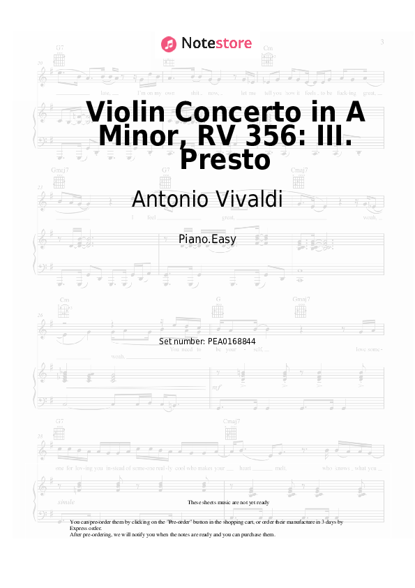 Violin Concerto in A Minor, RV 356: III. Presto - Antonio Vivaldi Piano Sheet Music Easy - Piano.Easy