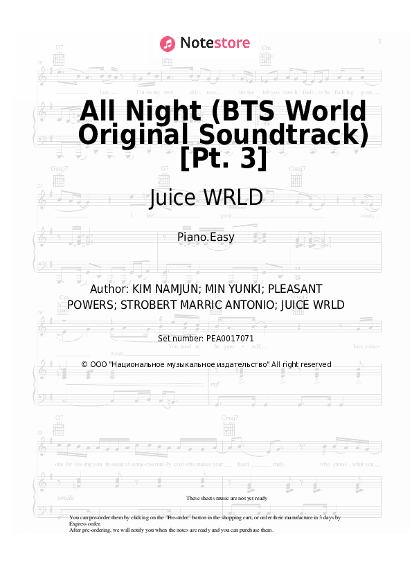 Easy sheet music BTS, Juice WRLD - All Night (BTS World Original Soundtrack) [Pt. 3] - Piano.Easy